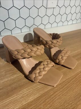 Braided Double-Strap Tan Block Heel Sandals - Women
